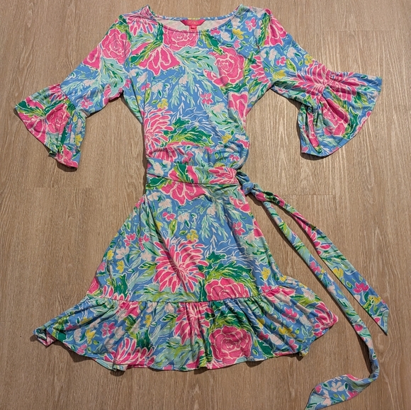 Lilly Pulitzer Kassie Wrap Ruffle Dress Women's M Blue Bunny Business Zanzibar - Picture 4 of 10